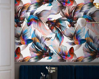 Papel pintado de peces, autoadhesivo y removible o papel pintado tradicional con detalles abstractos.