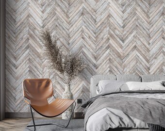 Wallpaper vintage wood planks herringbone Peel and stick removable or Traditional accent wallpaper