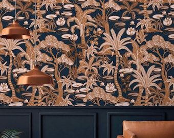 Papel tapiz tropical oscuro con palmeras. Papel tapiz de acento tradicional o despegable y pegable.