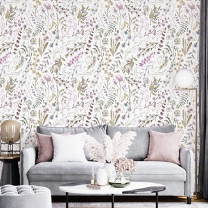 Floral wallpaper Peel and stick removable or Traditional accent wallpaper wildflowers and herbs