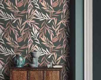Papel pintado botánico con hierbas y hojas, despegable y pegable, o papel pintado tradicional con hojas pastel.
