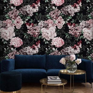 Dark floral wallpaper Peel and stick removable or Traditional accent wallpaper large flowers