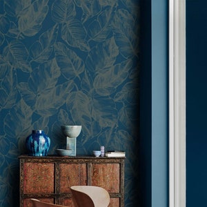 Dark blue wallpaper abstarct leaves Removable Peel and stick or Traditional textured accent wallpaper