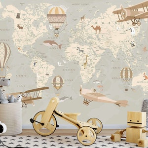 World map kids wallpaper mural boys bedroom Peel and stick removable or Traditional accent wallpaper