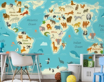 Kids world map wallpaper mural Peel and stick removable playroom wall decal