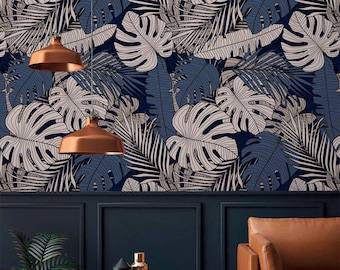 Papel tapiz tropical oscuro con hojas, despegable y pegable, o papel tapiz con acento tradicional.