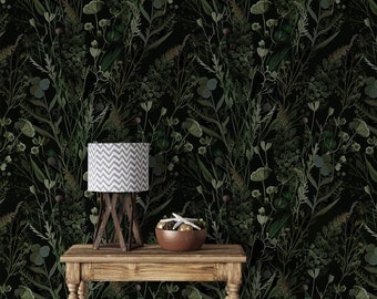 Dark Botanical Wallpaper: Leaves & Herbs, Peel and Stick or Non Woven