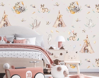 Papel pintado infantil para niñas con animales del bosque. Papel pintado autoadhesivo removible o papel pintado decorativo tradicional.