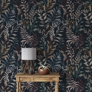 Dark botanical wallpaper herbs and leaves Peel and stick or Traditional non woven Moody wallpaper dark academia