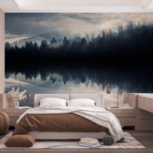 Foggy lake landscape with forest wallpaper mural Peel and stick self adhesive or Traditional accent wall mural