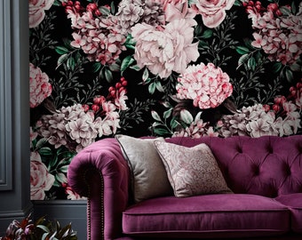 Papel pintado floral oscuro autoadhesivo removible o papel pintado decorativo tradicional con flores grandes.