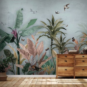 Tropical wallpaper mural Large palm leaves jungle rainforest wall paper Removable or Traditional