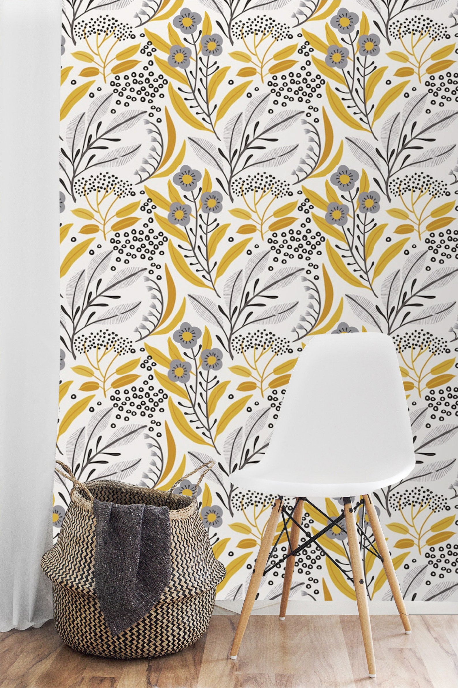Wallpaper Floral Gray Yellow Modern Minimalist Wall Paper Etsy