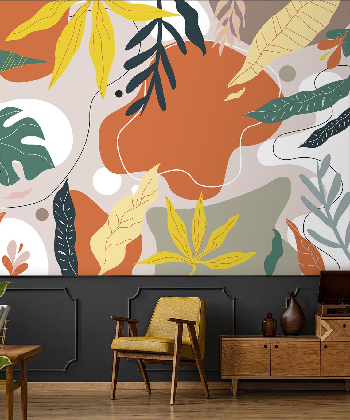 Modern Botanical Wall Mural Large Leaves Wallpaper Peel and Etsy