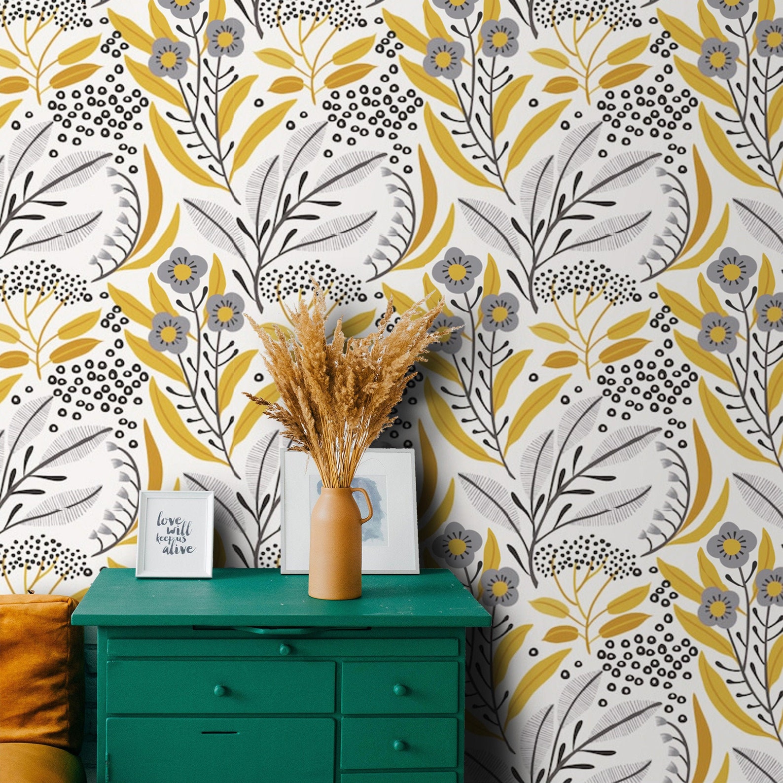 Wallpaper Floral Gray Yellow Modern Minimalist Wall Paper Etsy