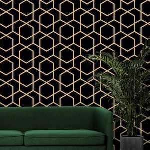 Dark geometric wallpaper black gold non metallic Peel and stick removable or Traditional accent wallpaper