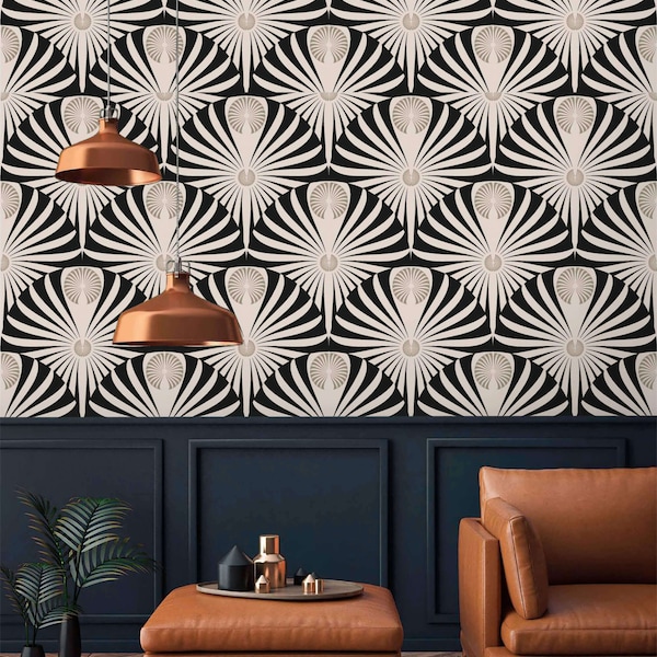 Art deco wallpaper fans Peel and stick or Traditional modern accent wall paper Custom color and size