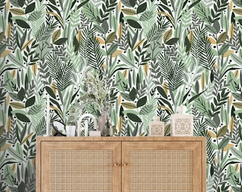 Papel pintado botánico con hierbas y hojas, autoadhesivo o tradicional.