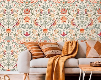 Vintage botanical wallpaper with birds Peel and stick removable or Traditional accent wallpaper