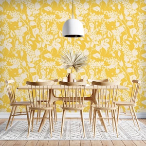 Floral Wallpaper bright yellow botanical Peel and stick or Traditional accent wallpaper flowers and leaves