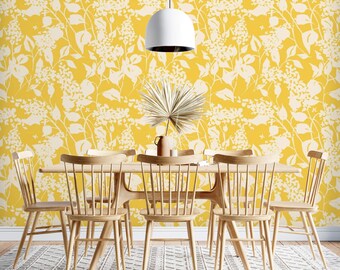 Floral Wallpaper bright yellow botanical Peel and stick or Traditional accent wallpaper flowers and leaves