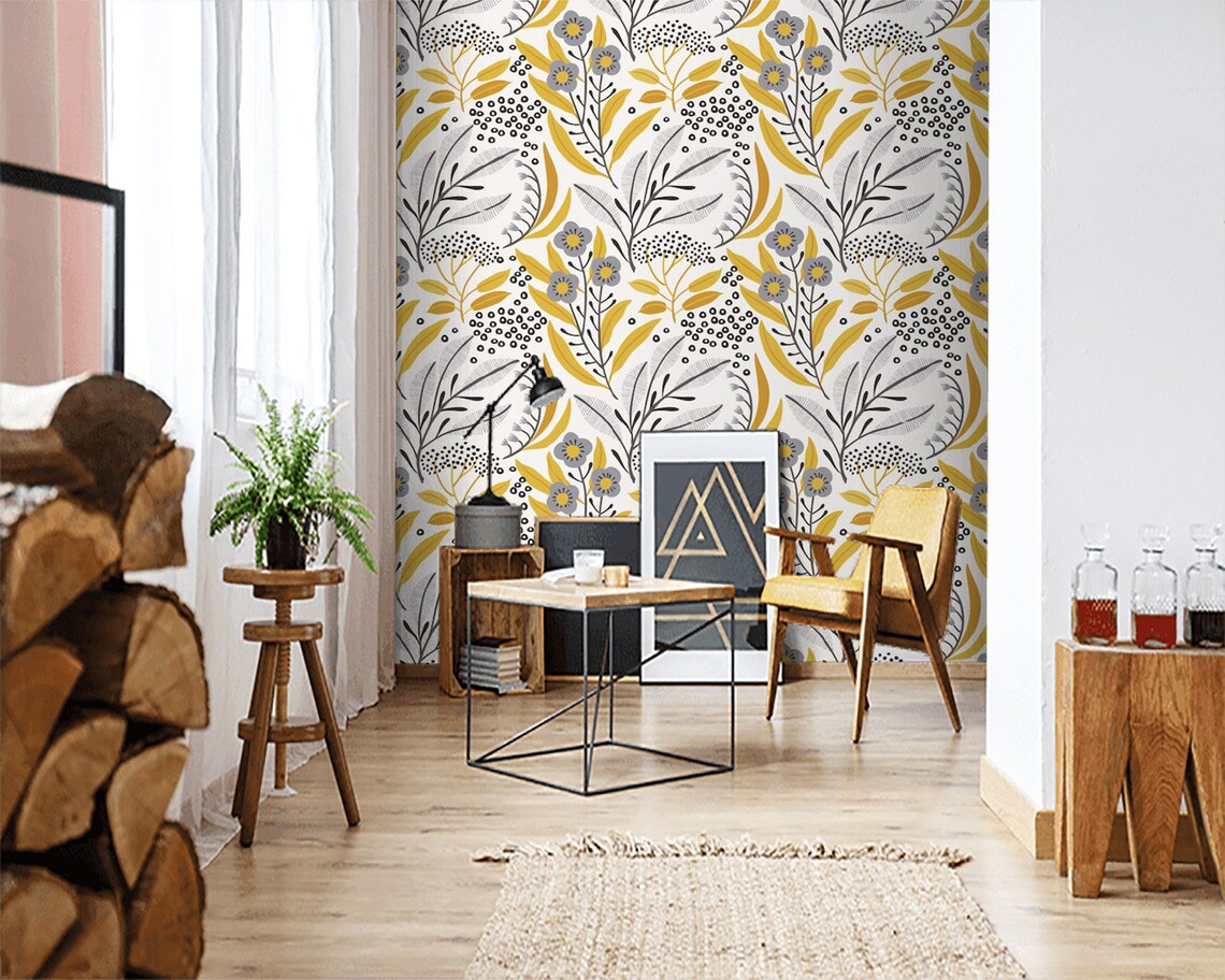 Wallpaper Floral Gray Yellow Modern Minimalist Wall Paper Etsy