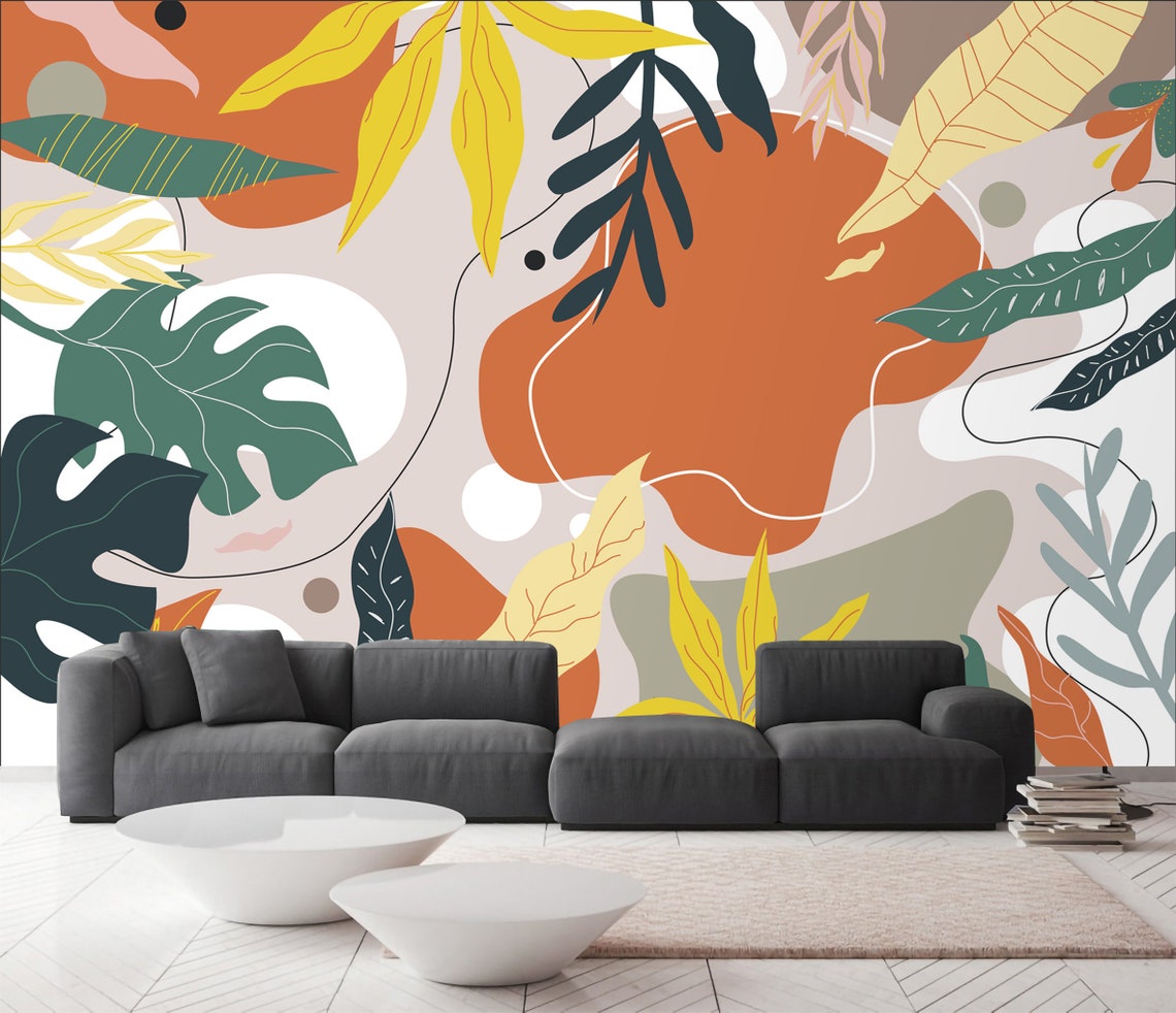 Modern Botanical Wall Mural Large Leaves Wallpaper Peel and Etsy