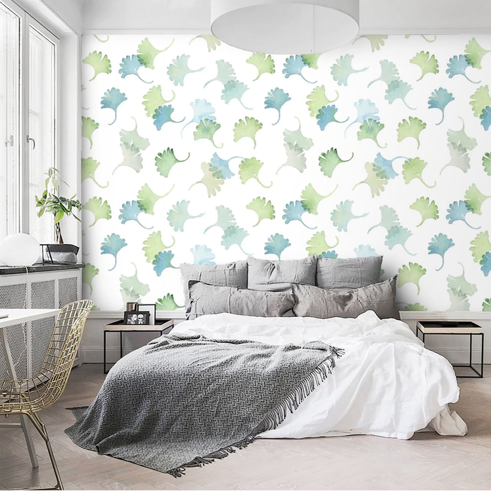 Wallpaper Ginkgo Leaves Watercolor Hand Painted Peel and Stick | Etsy