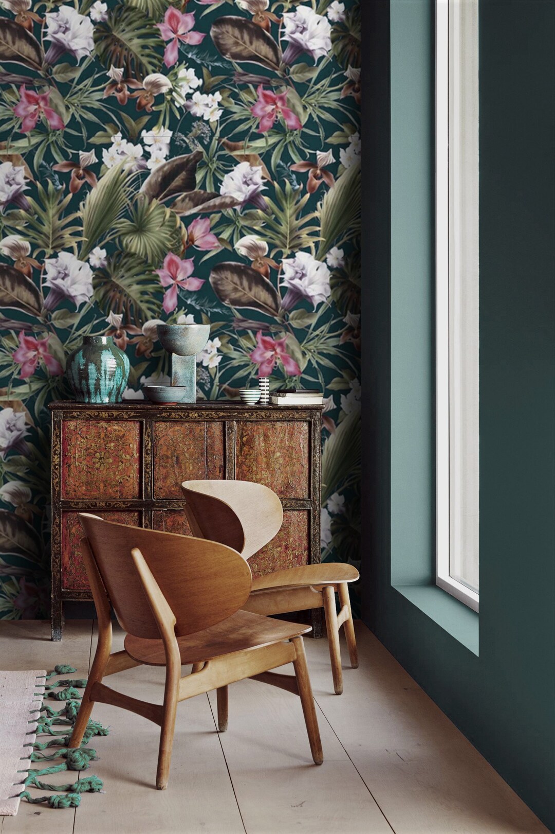 Tropical Wallpaper Dark Floral Rainforest Peel and Stick Removable or ...