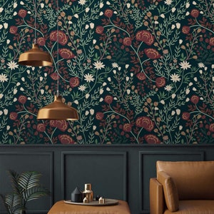 Dark floral wallpaper Peel and stick or Traditional wall paper vintage flowers on dark background Accent wallpaper