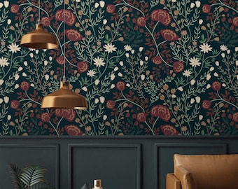 Dark Floral Wallpaper: Vintage Botanical Accent Wall, Peel and Stick or Traditional
