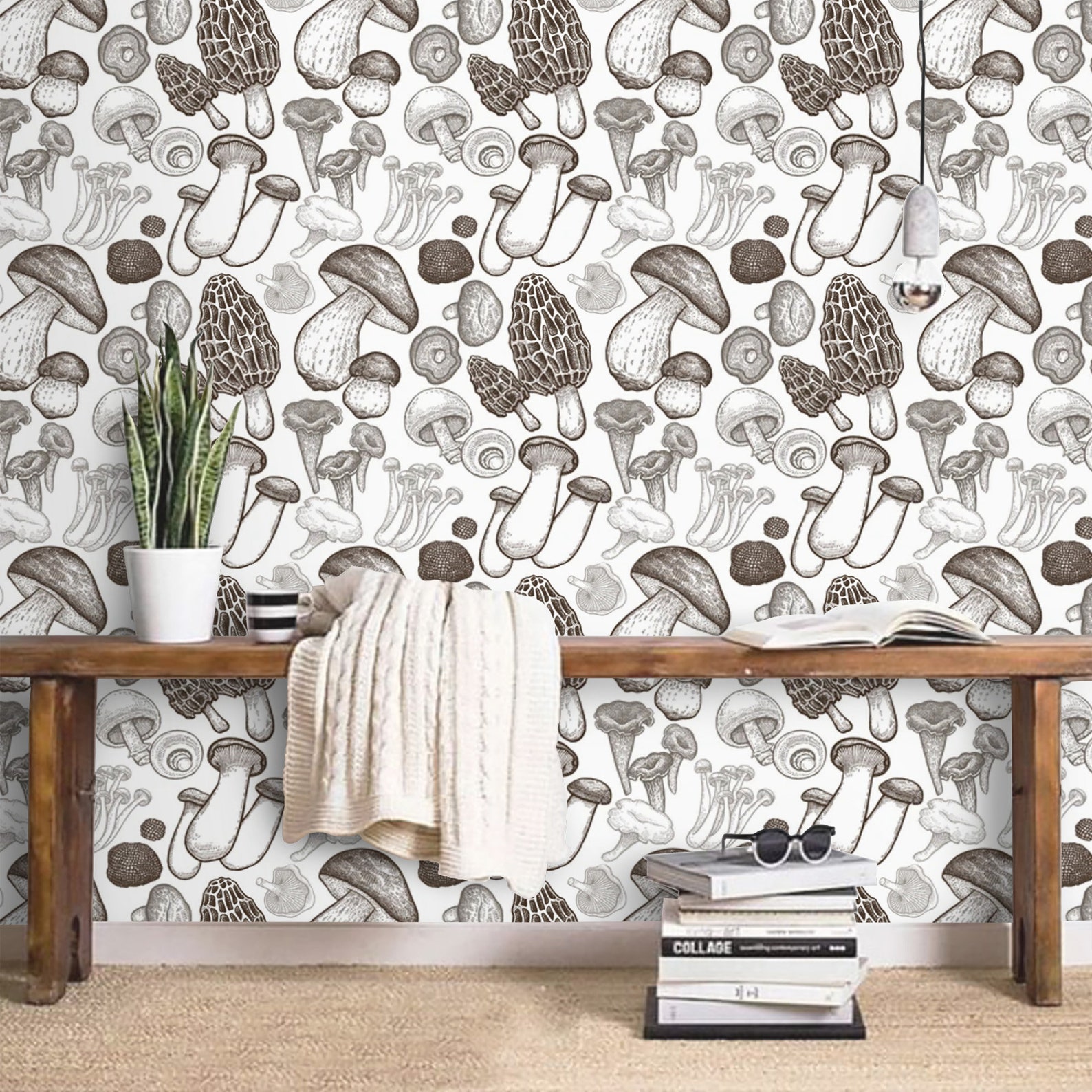 Mushroom Wallpaper Vintage Monochrome Peel and Stick Removable | Etsy