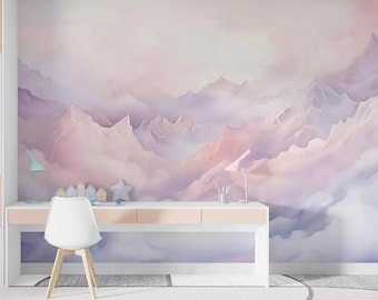 Purple pink mountains wallpaper mural for girls nursery  pastel Peel and stick landscape wall mural