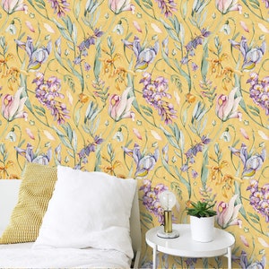 Floral wallpaper bright yellow botanical flowers and leaves Peel and stick or Traditional accent wallpaper