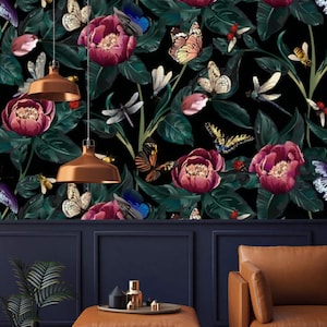 Donker bloemenbehang met vlinders Peel-and-Stick verwijderbaar of traditioneel structuurbehang