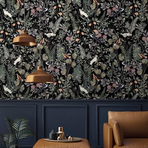 Dark floral wallpaper birds Peel and stick removable or Traditional accent wallpaper botanical