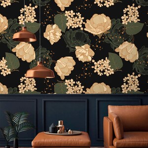 Dark floral wallpaper vintage Peel and stick removable or Traditional accent wallpaper large flowers