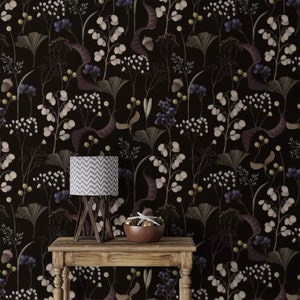 Dark botanical wallpaper Peel and stick removable or Traditional accent moody wallpaper wildflowers and leaves