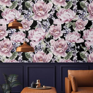 Donker bloemenbehang Peel-and-Stick verwijderbaar of traditioneel accentbehang Grote aquarelbloemen