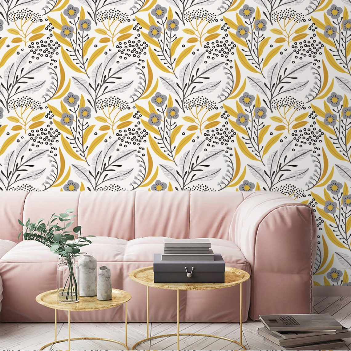 Wallpaper Floral Gray Yellow Modern Minimalist Wall Paper Etsy