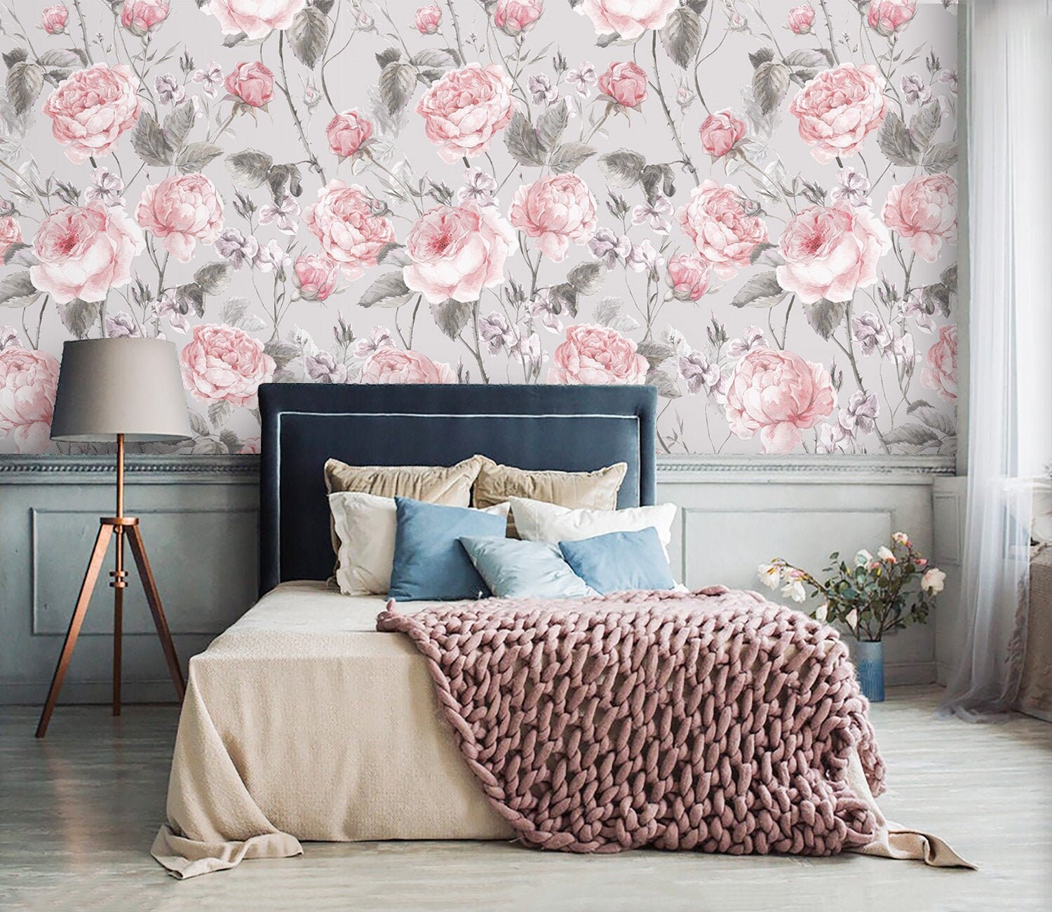 Floral Wallpaper Vintage Gray Pink Roses Wall Paper Peel and Etsy