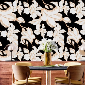 Floral wallpaper white flowers on black Peel and stick removable or Traditional accent wallpaper