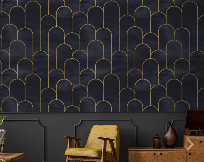 Gold Color Lines Wallpaper, Art Deco Wallpaper, Dark Background Wall