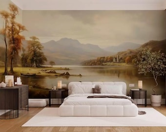 Rural landscape wallpaper Vintage nature wall mural Peel and stick removable accent wallpaper