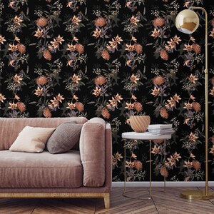 Dark floral wallpaper Peel and stick removable or Traditional wallpaper non woven Flowers on black