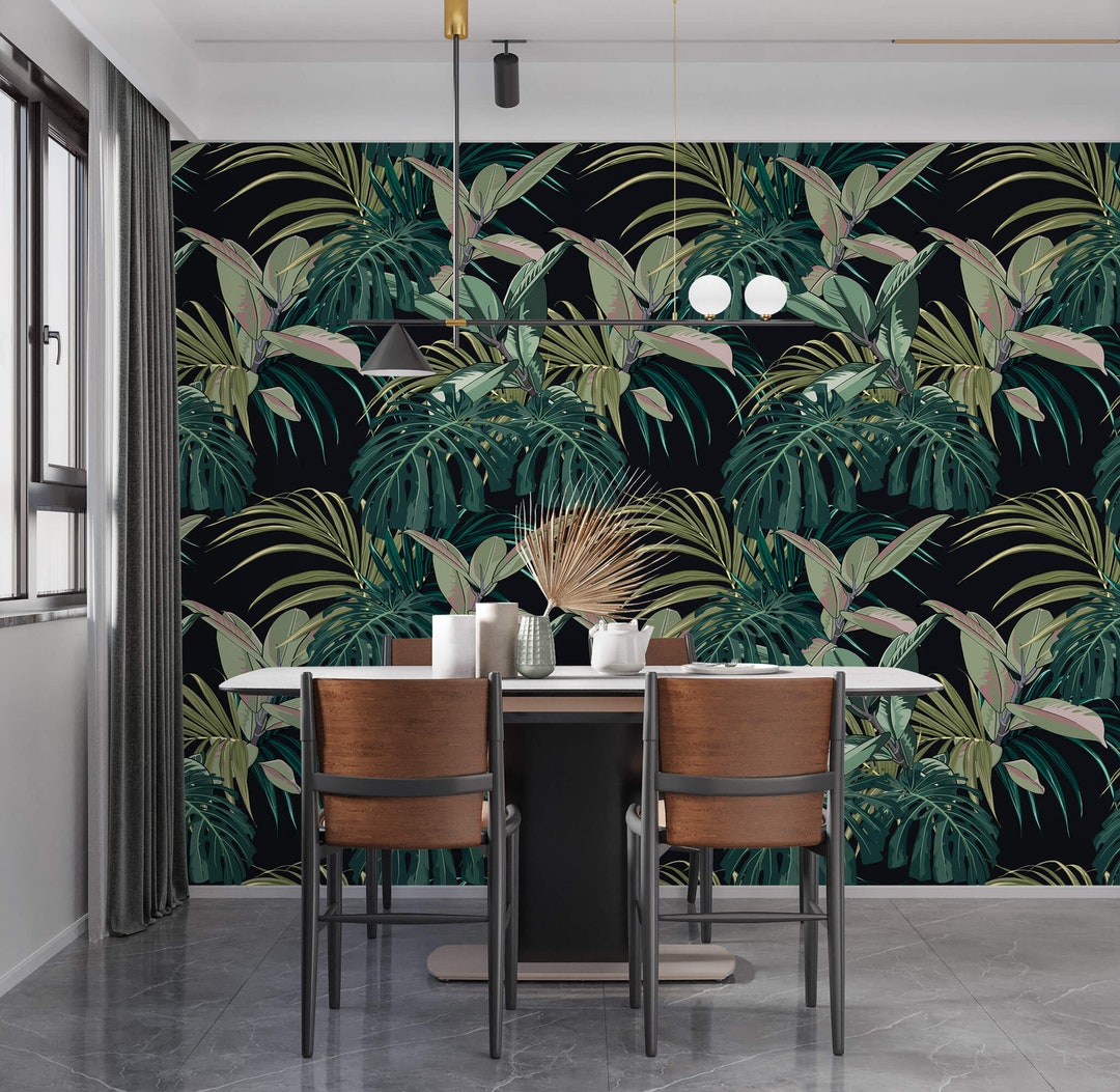 Dark Tropical Wallpaper Exotic Leaves Peel and Stick Removable or ...