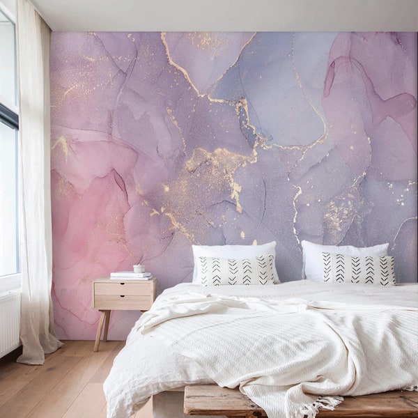 Abstract wallpaper pink purple gold non metallic Watercolor art Peel and stick oe Traditional large wall mural