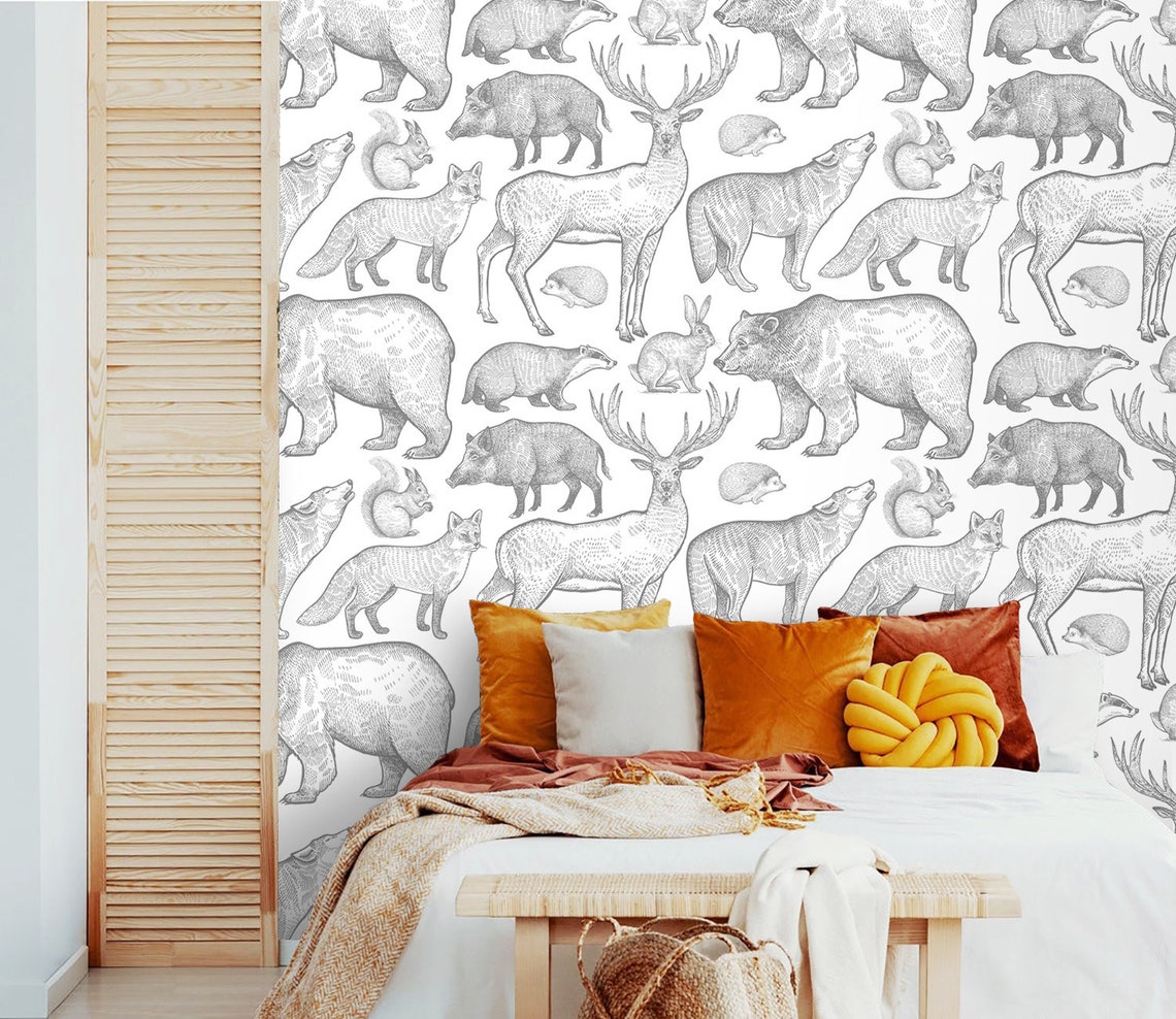 Wallpaper Forest Animals Peel and Stick Removable Vintage Wall Etsy