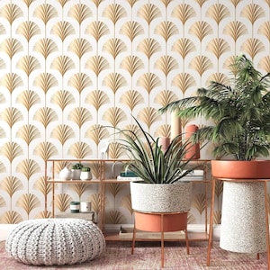 Art deco wallpaper fans gold non metallic Peel and stick removable or Traditional non woven wallpaper