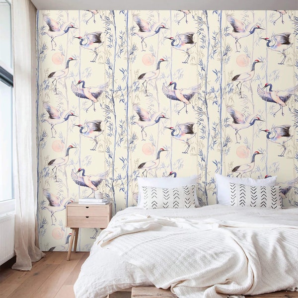 Chinoiserie wallpaper cranes Peel and stick removable or Traditional accent wallpaper birds